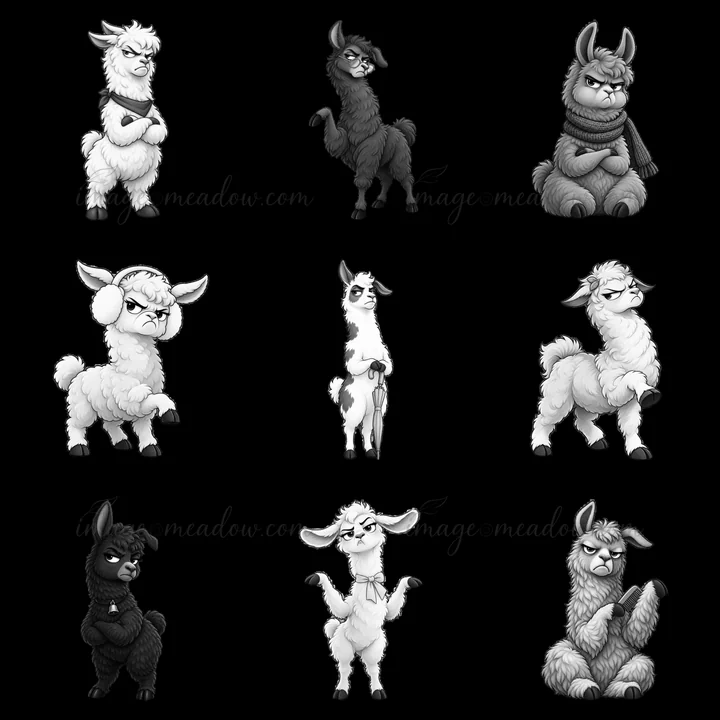 Nine cartoon llamas display various grumpy expressions in a 3x3 grid. Each llama has unique features, including accessories like scarves and earmuffs, adding ch