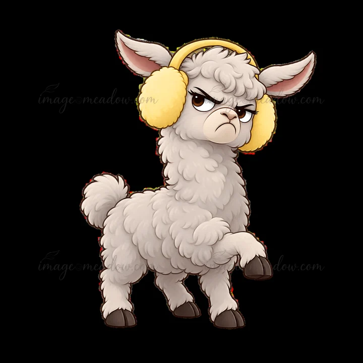 A grumpy llama stands with one leg raised. It wears fluffy yellow earmuffs. The llama has a light gray body and a serious expression. Its curly fur adds a playf