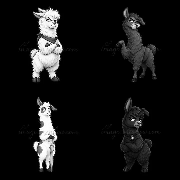 Four grumpy llamas are shown in different poses and expressions. Each llama has distinct features and attitudes. This cartoon sticker set highlights their uniqu