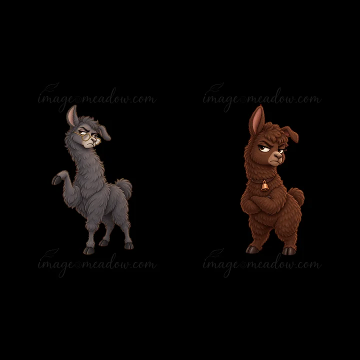 Two cartoon llamas display grumpy expressions. The first llama is gray with a long neck and a sassy pose, while the second is brown with crossed arms, both repr