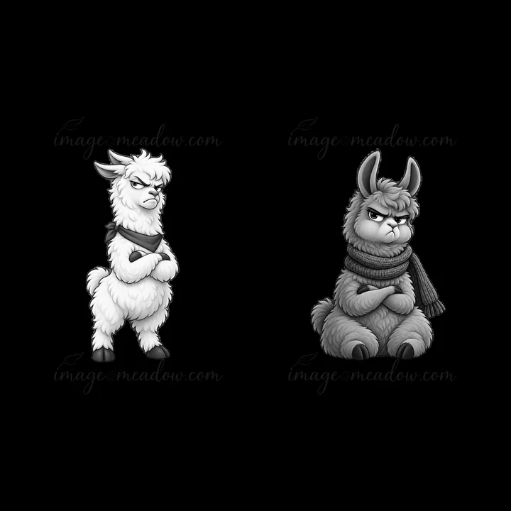 Two grumpy llamas, one standing and one sitting, both wearing scarves. The first llama has crossed arms, and the second has a frown. They share an overall displ