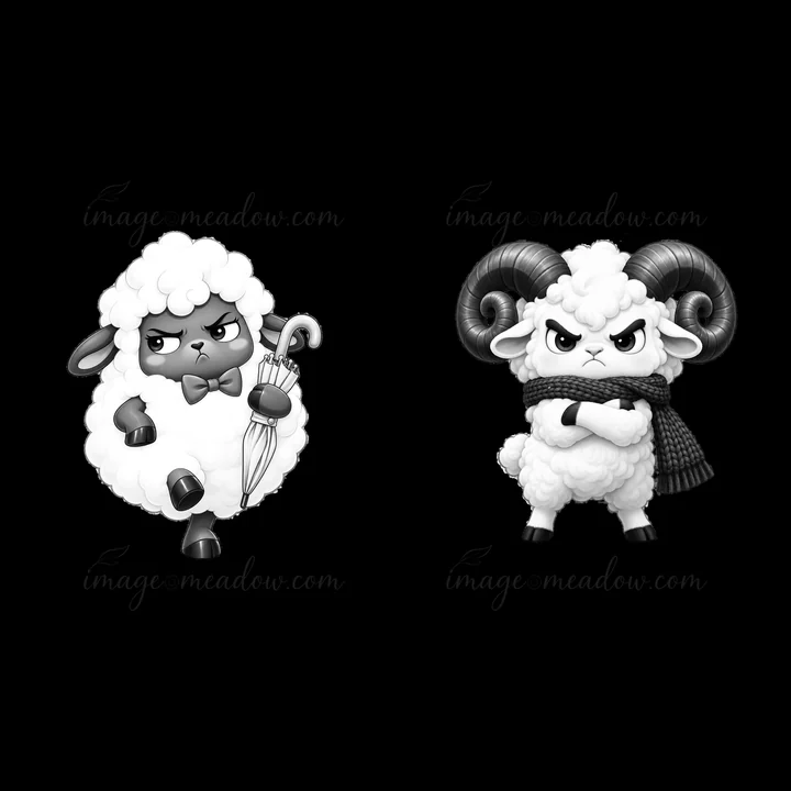 Two grumpy sheep stand side by side. One holds an umbrella and wears a bow tie. The other wears a scarf and has large curved horns. They express a distinct atti