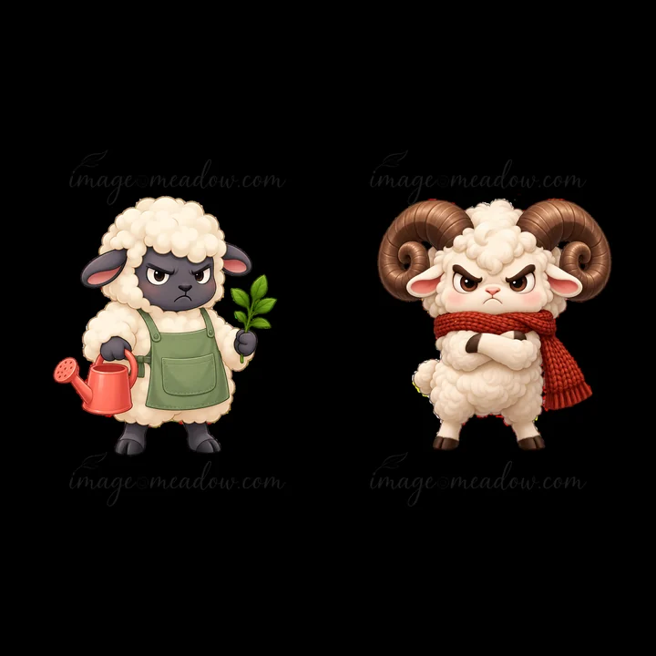 A pair of kawaii grumpy sheep are seen together. One sheep holds a watering can and a green sprig while the other wears a red scarf. Both have distinct facial e