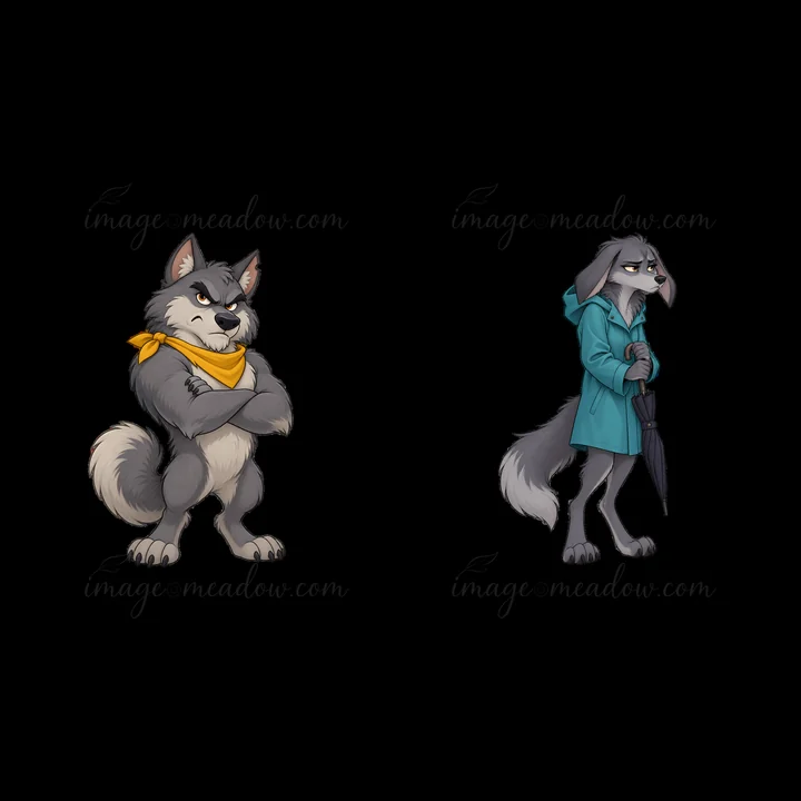 Two cartoon wolf characters display distinct personalities. The left wolf wears a yellow scarf and shows a confident pose, while the right wolf, dressed in a te