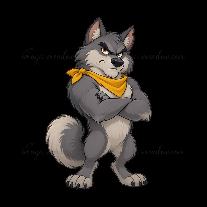 The grumpy wolf stands with crossed arms. It has grey fur and a white underbelly. A yellow scarf is tied around its neck. This character has a stern expression