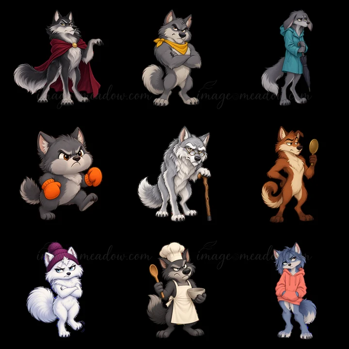 Nine cartoon wolf stickers show different grumpy characters. They wear various accessories like capes, hats, and aprons. The wolves display a range of activitie