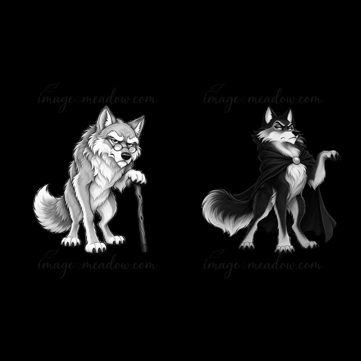 Two cartoon wolf characters display grumpy expressions. The wolf on the left holds a cane and wears glasses, while the wolf on the right is draped in a cloak, m