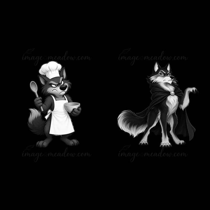 One wolf wears a chef's hat and holds a spoon with a bowl, showing a grumpy expression. The other wolf stands with a dark cloak, arms raised in a dramatic pose,