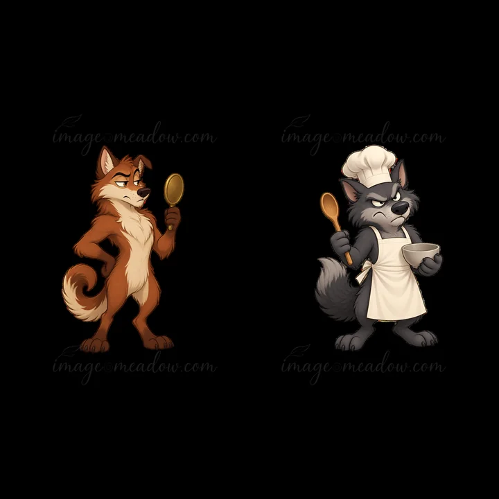 Two cartoon wolves stand side by side. One wolf looks grumpy, wearing a chef's apron and holding a bowl. The other wolf appears playful, holding a cooking spoon