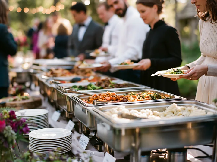 Guests are serving themselves from a sustainable buffet catering setup in a garden.