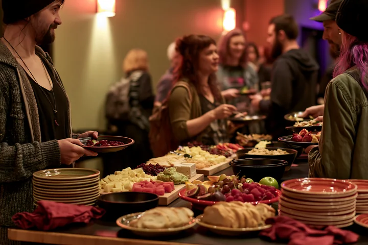 Guests gather around a zero waste buffet table filled with various foods.