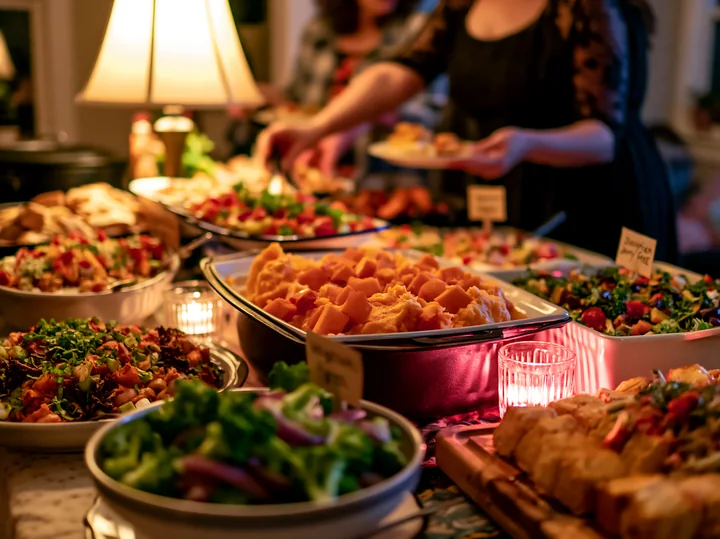 Guests serve themselves from a warmly lit buffet with food dishes and dietary labels.