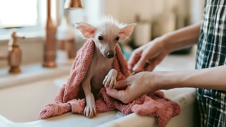 Hairless puppy wrapped in a pink towel while a person gently grooms its paw indoors.