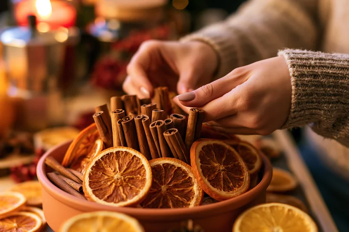 Hands are arranging cinnamon sticks and sliced dried oranges in a bowl on a table decorated with seasonal items.