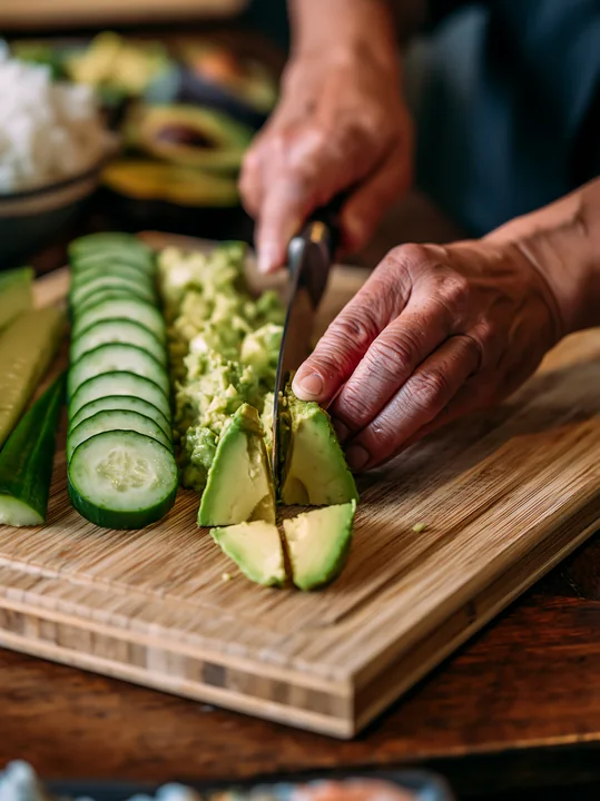 Hands are busy slicing avocado and cucumber on a wooden board.