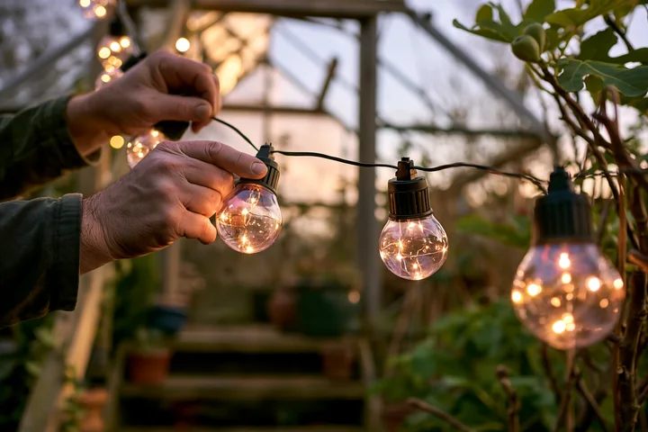 Hands arrange glowing bulb string lights beside a leafy outdoor staircase at dusk.