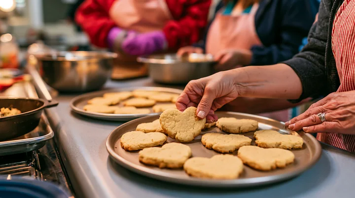 Hands arrange heart shaped cookies on baking trays across a kitchen counter.