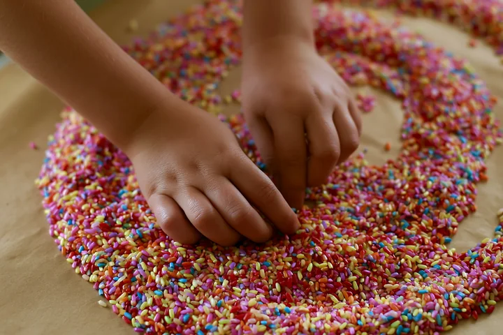 Hands arrange multicolor rice grains forming swirl on a flat surface.