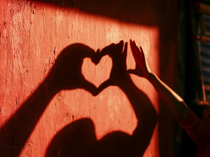 Hands create a heart-shaped shadow on a textured wall in sunlight, representing a love concept.