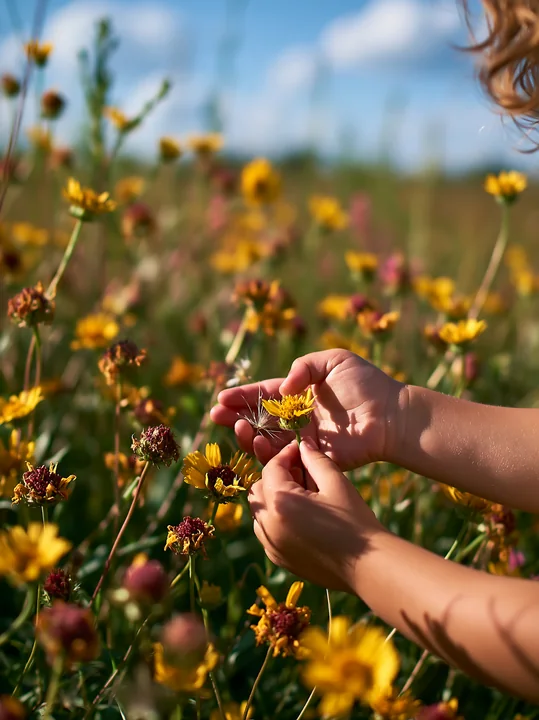 Hands gently hold a yellow prairie flower in a sunlit wildflower meadow beneath a bright blue summer sky.