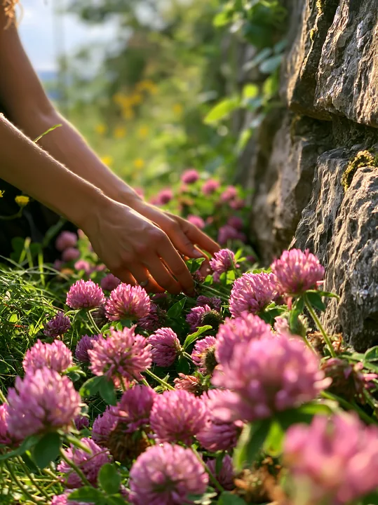 Hands reach into a patch of vibrant pink clover flowers while gathered near a stone wall in a sunny meadow.