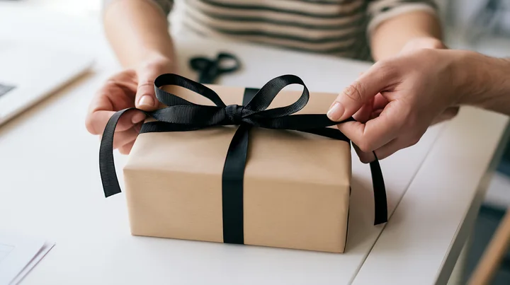 Hands tie a black ribbon around a kraft paper gift box on a white tabletop.