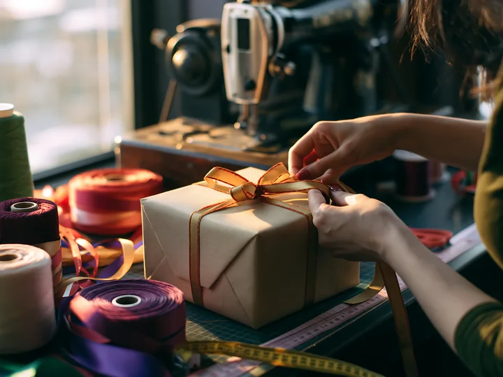 Hands tie a gold ribbon around a wrapped gift box at a worktable with colorful ribbon spools.