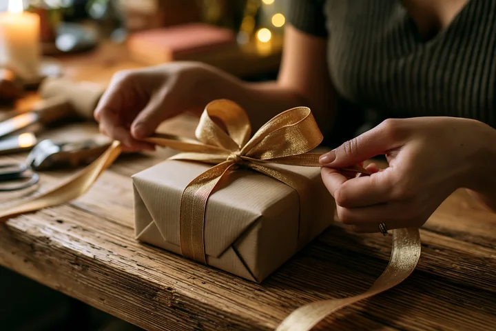 Hands tie a gold ribbon around a wrapped gift box on a rustic wooden table.