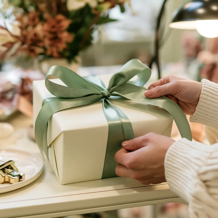 Hands tie a green ribbon around a wrapped gift box on a table beside wrapping supplies.