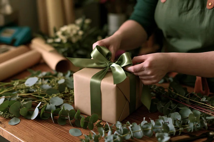 Hands tie a green ribbon around a wrapped gift box on a wooden table with eucalyptus greenery.