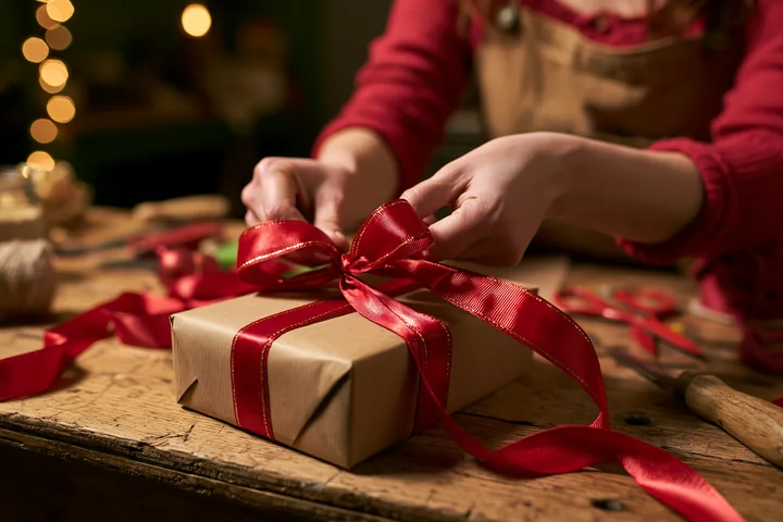 Hands tie a red ribbon around a kraft paper gift box on a rustic wooden table.