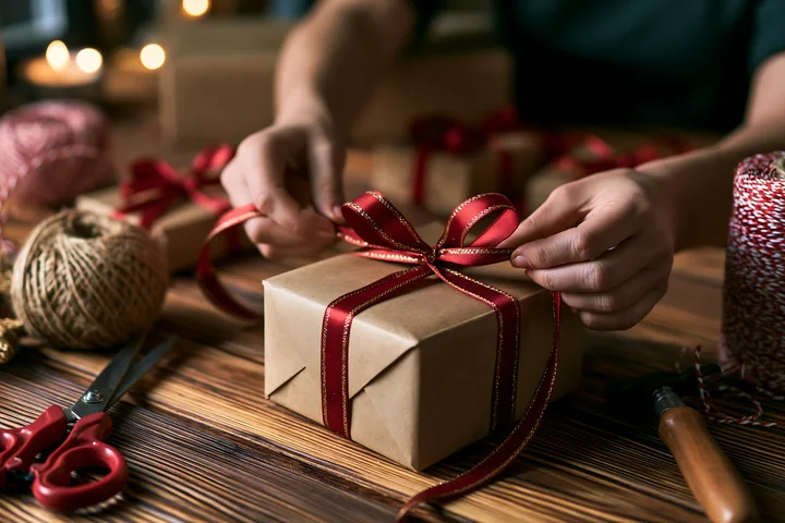 Hands tie a red ribbon around a wrapped gift box on a wooden worktable.