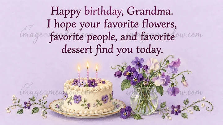 Lavender birthday greeting illustration with a heartfelt message for Grandma above a white cake with three candles, purple pansies, and a glass vase of flowers.