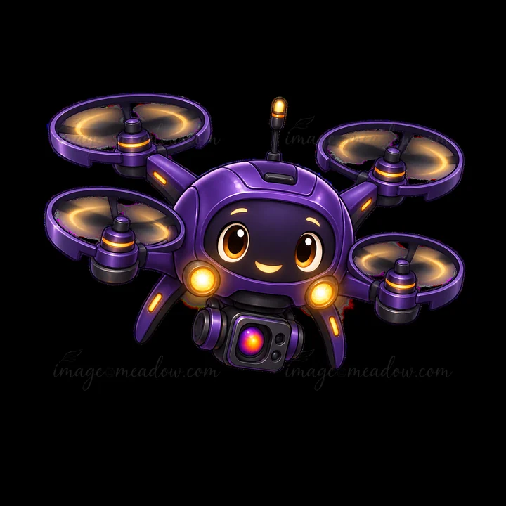 A cartoon drone with a smiling face and large eyes is flying in the sky. It features a purple body with spinning propellers. The drone has a camera attached, re