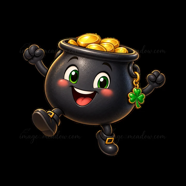 A cheerful pot of gold with a smiling face holds coins inside. It has short legs and arms raised in joy. A small green clover charm hangs from its side. The des