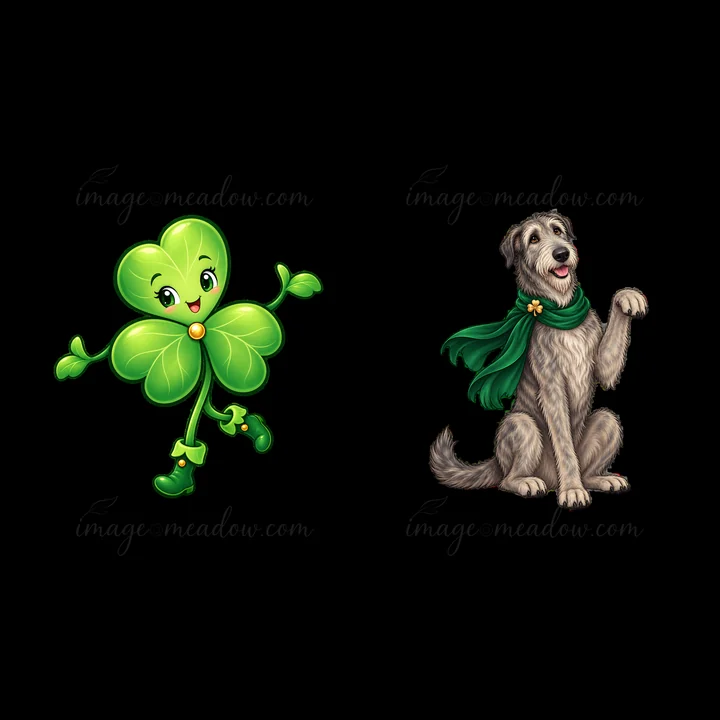 A cheerful clover character stands with a smiling dog wearing a green scarf. The dog raises its paw as if to wave, celebrating the festive spirit of St. Patrick