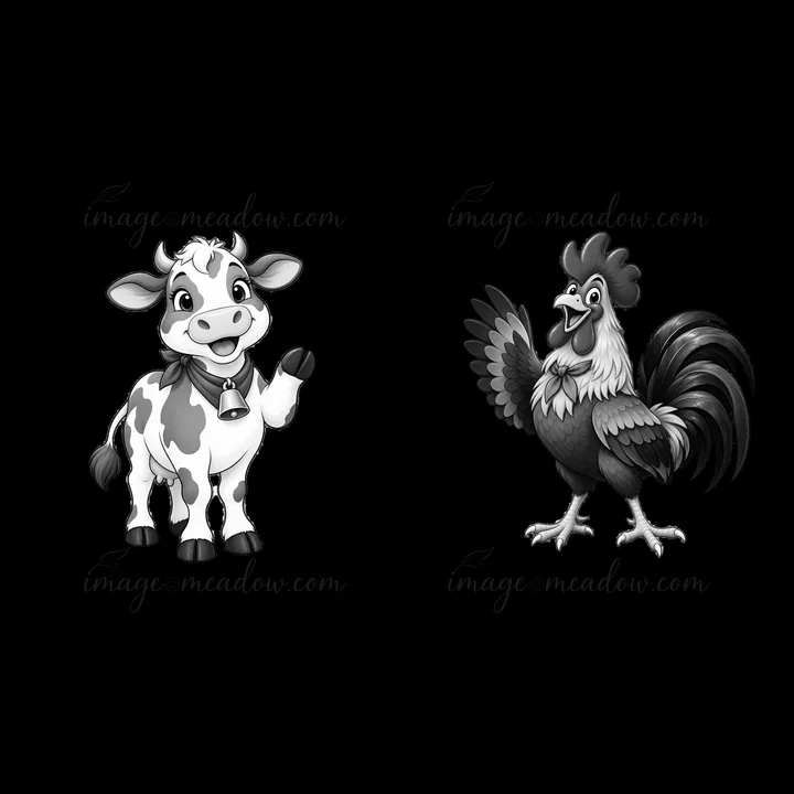 A cow and rooster stand side by side, each displaying friendly expressions. The cow wears a bell around its neck, while the rooster has its wings open. This bla