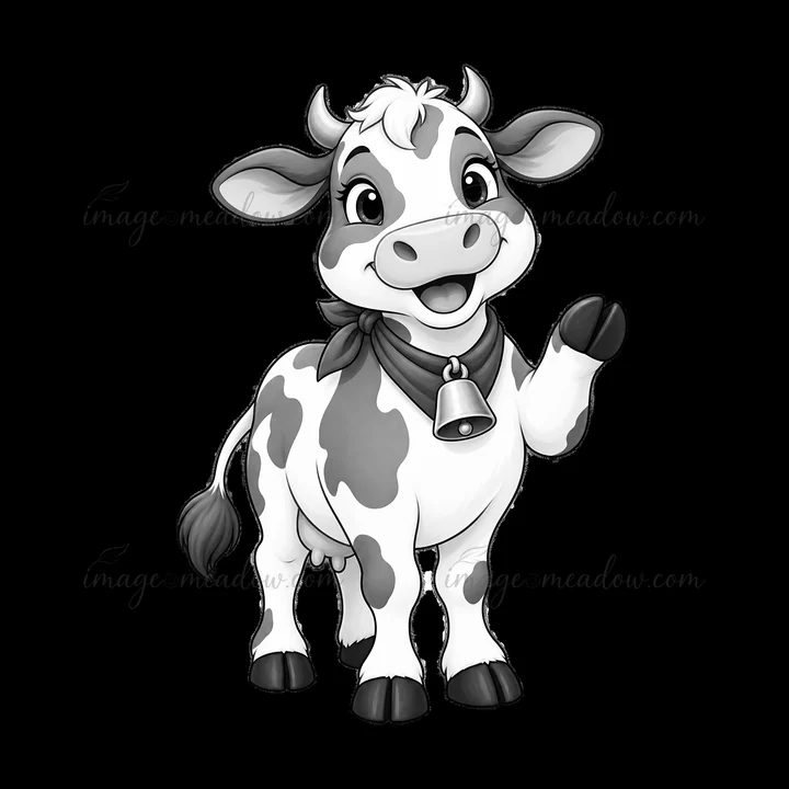 A cartoon cow stands on a farm, smiling and waving. The cow wears a scarf and has a bell around its neck. Its playful demeanor captures the cheerful spirit of f