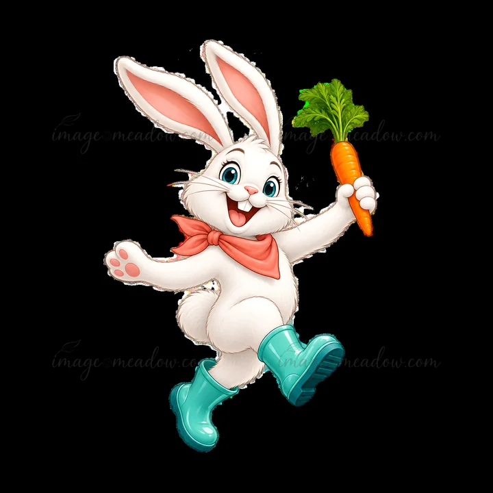 A cheerful bunny is hopping joyfully while holding a bright orange carrot. The bunny has white fur, pink ears, and a scarf around its neck. It wears green boots