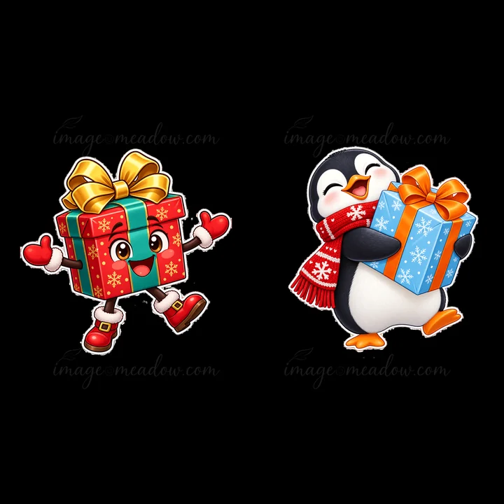 A smiling penguin holds a blue gift box while a joyful gift box with a green ribbon and red bow dances happily. Both characters show happiness and joy for the C