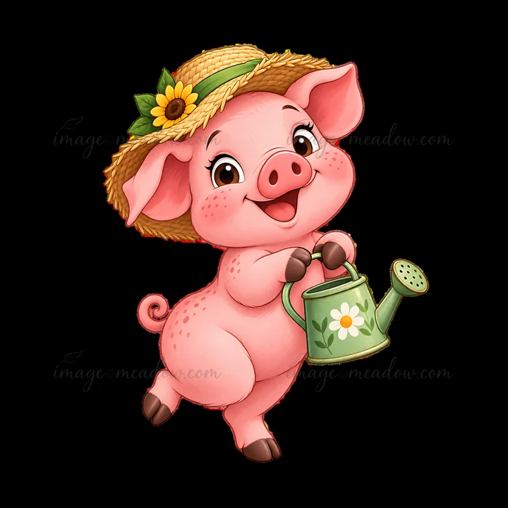 A cheerful pig with pink skin and brown spots holds a green watering can in its hands. The pig wears a yellow straw hat adorned with a sunflower. This scene cap