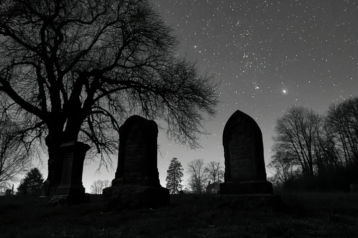 Headstones silhouetted against a starry sky provide a haunting view of the cemetery.