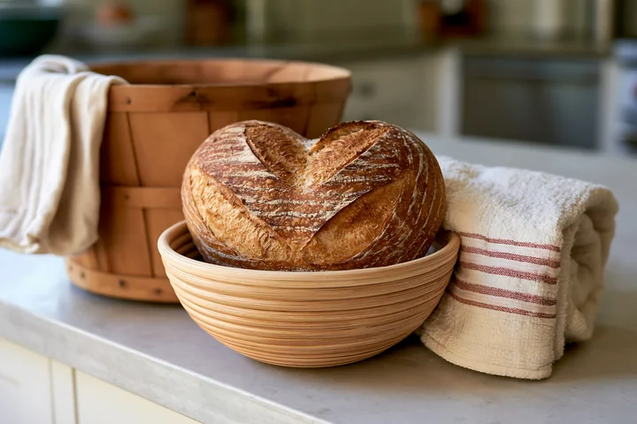 Heart-shaped artisan bread loaf rests in a woven basket on a kitchen counter beside a striped towel.