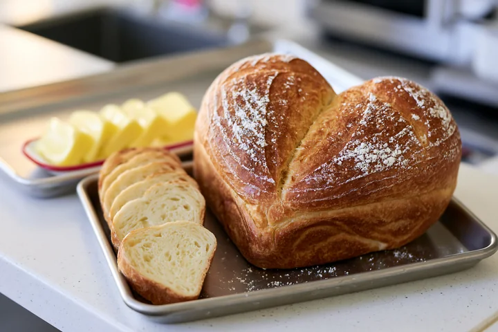 Heart-shaped bread loaf with sliced pieces on a metal tray beside butter on a kitchen counter.