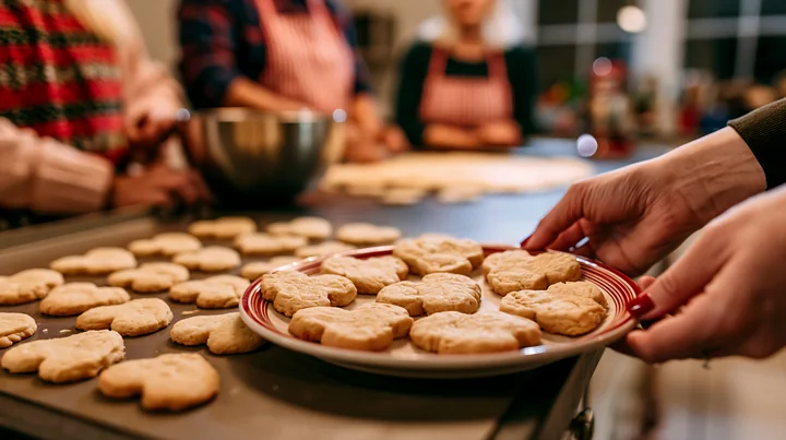 Heart shaped cookies sit on a plate and baking tray as people prepare them in a warmly lit kitchen.