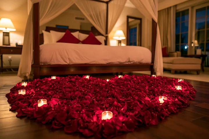 Heart-shaped flower petals arranged on bed with candles in a romantic setting.