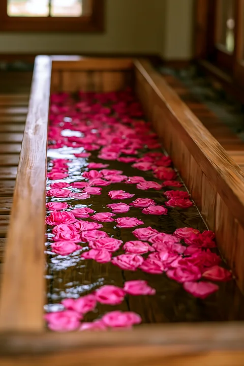 Heart-shaped flower petals float in calm water within a wooden basin.