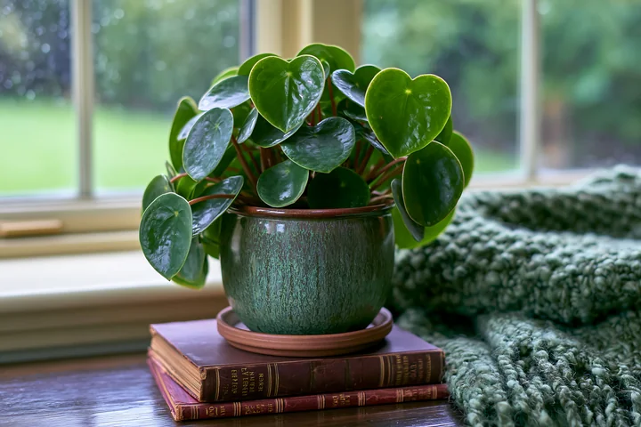 Heart-shaped green houseplant in a ceramic pot sits on stacked books beside a bright window.