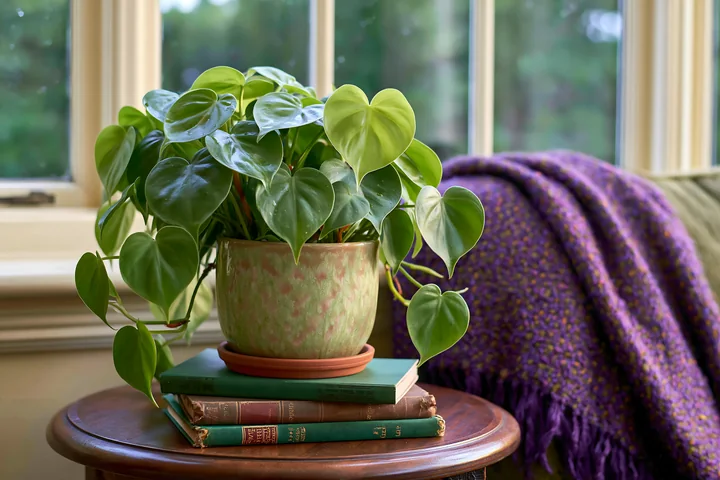 Heart-shaped leafy houseplant in a ceramic pot sits on books beside a sunny window.
