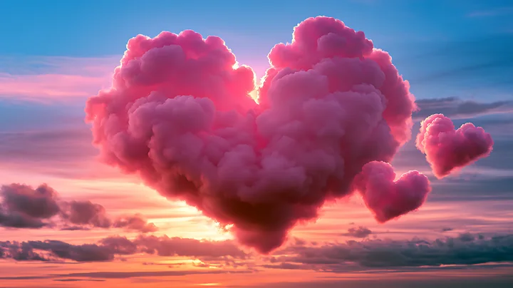Heart-shaped pink clouds float in the sky during sunset, creating a vibrant scene against shades of orange and blue.